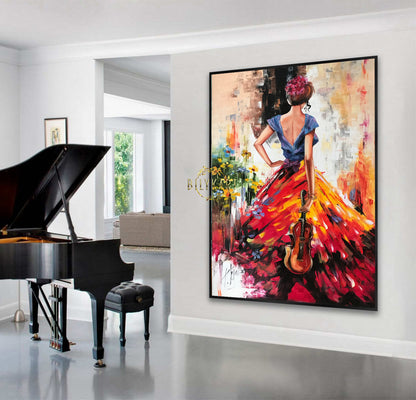 Abstract Beautiful Woman Oil Painting of a Violinist Large Violin Music Canvas Painting Original Lady in the Red Dress Art