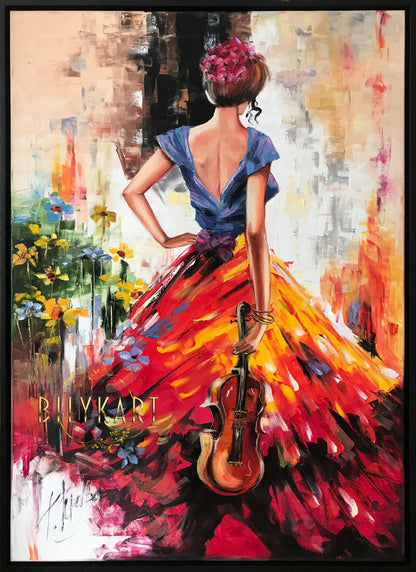 Abstract Beautiful Woman Oil Painting of a Violinist Large Violin Music Canvas Painting Original Lady in the Red Dress Art