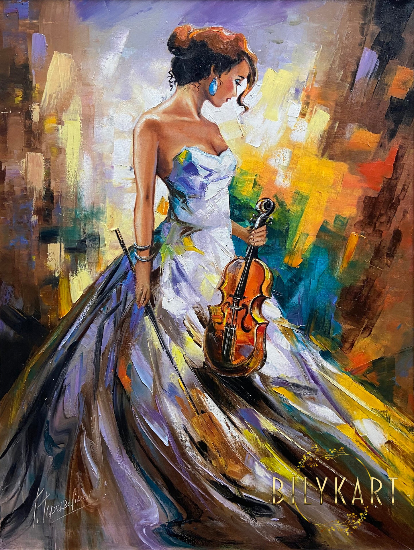 Lady with Violin Oil Painting Original Large Abstract Woman in White Dress Painting on Canvas