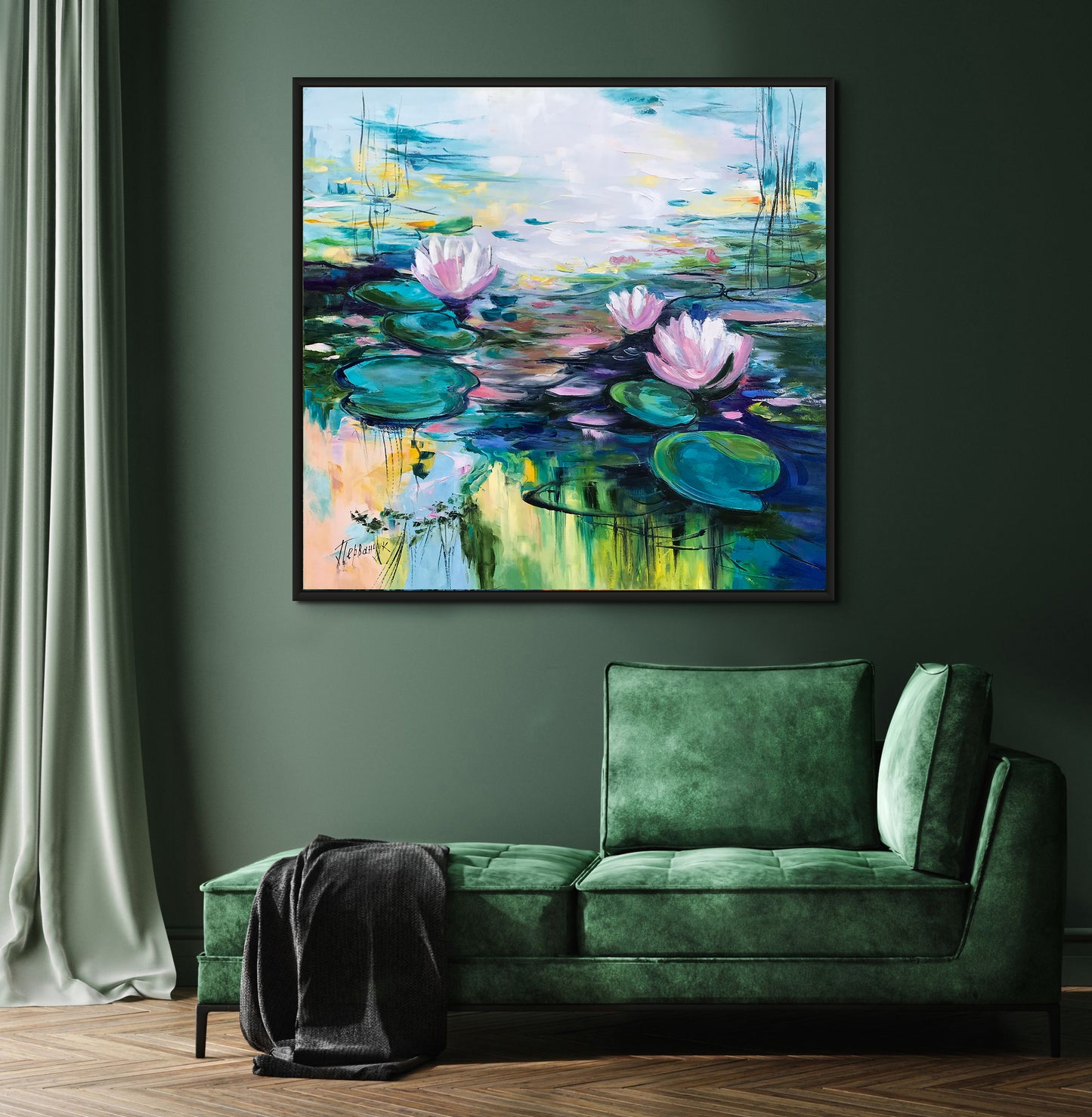Monet Painting "Water Lilies" Lotus Flower Wall Art Lily Painting 36x36 Dark Green Oil Painting Guest Bedroom Decor Pond Nature Oil Painting