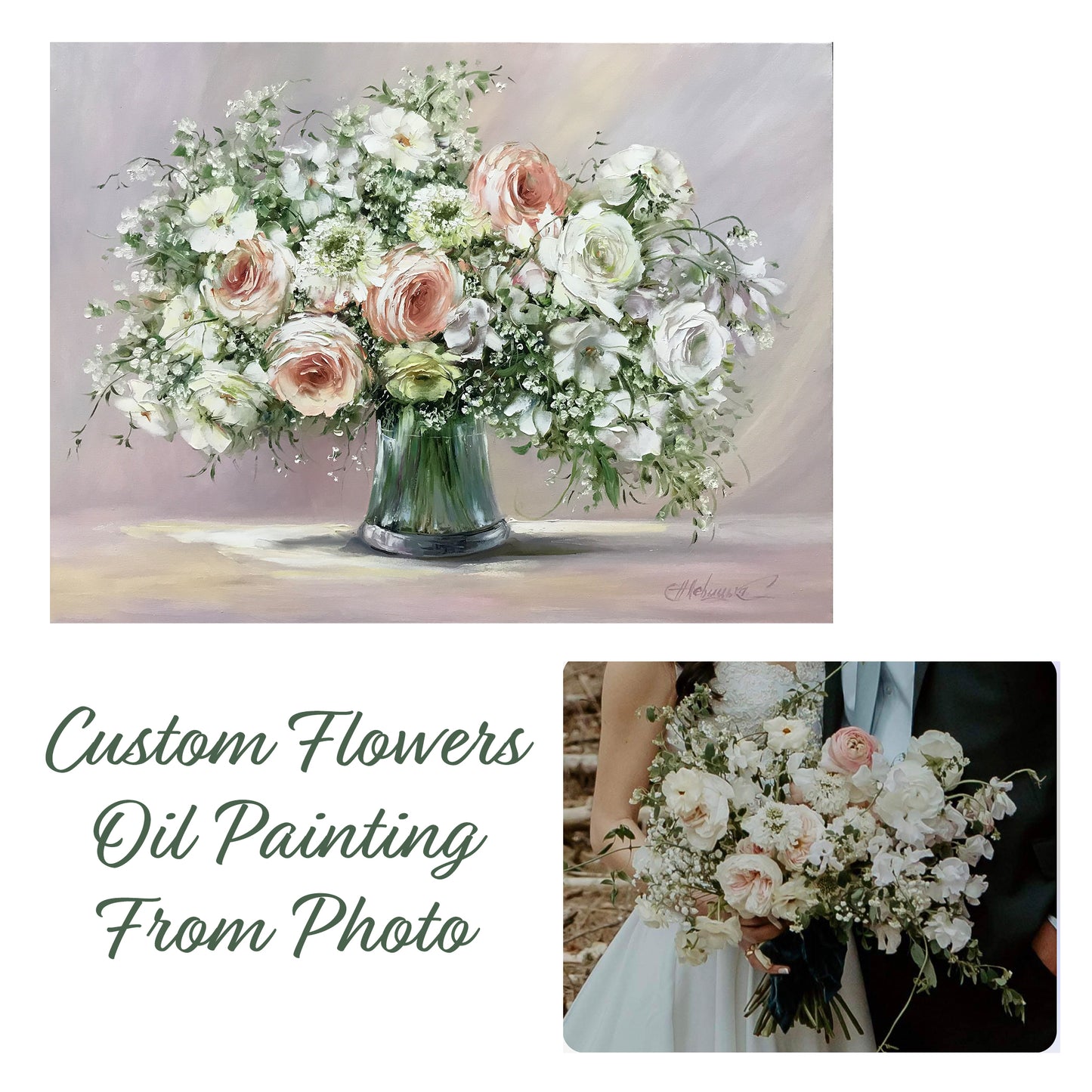 Custom Bridal Bouquet Painting from Photo, Still Life Oil Painting of Flowers in a Vase Original Art, Wedding Bouquet Flower Painting on Canvas