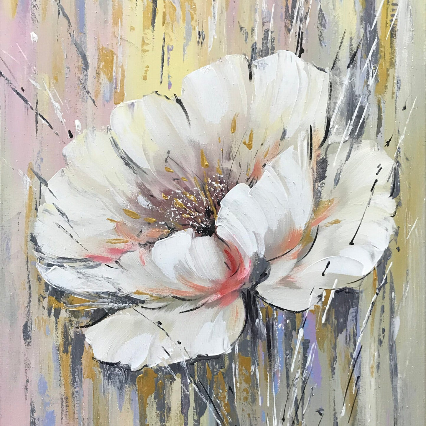 Large Abstract Flower Painting Gold White Floral Wall Decor Large Floral Oil Artwork Single White Flower Oil Painting Original Art