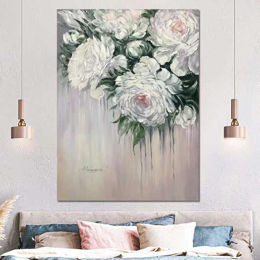 Large Abstract Flower Paintings on Canvas, White Flowers Canvas Wall Art, White Roses Oil Painting Original Artwork, Abstract Rose Art