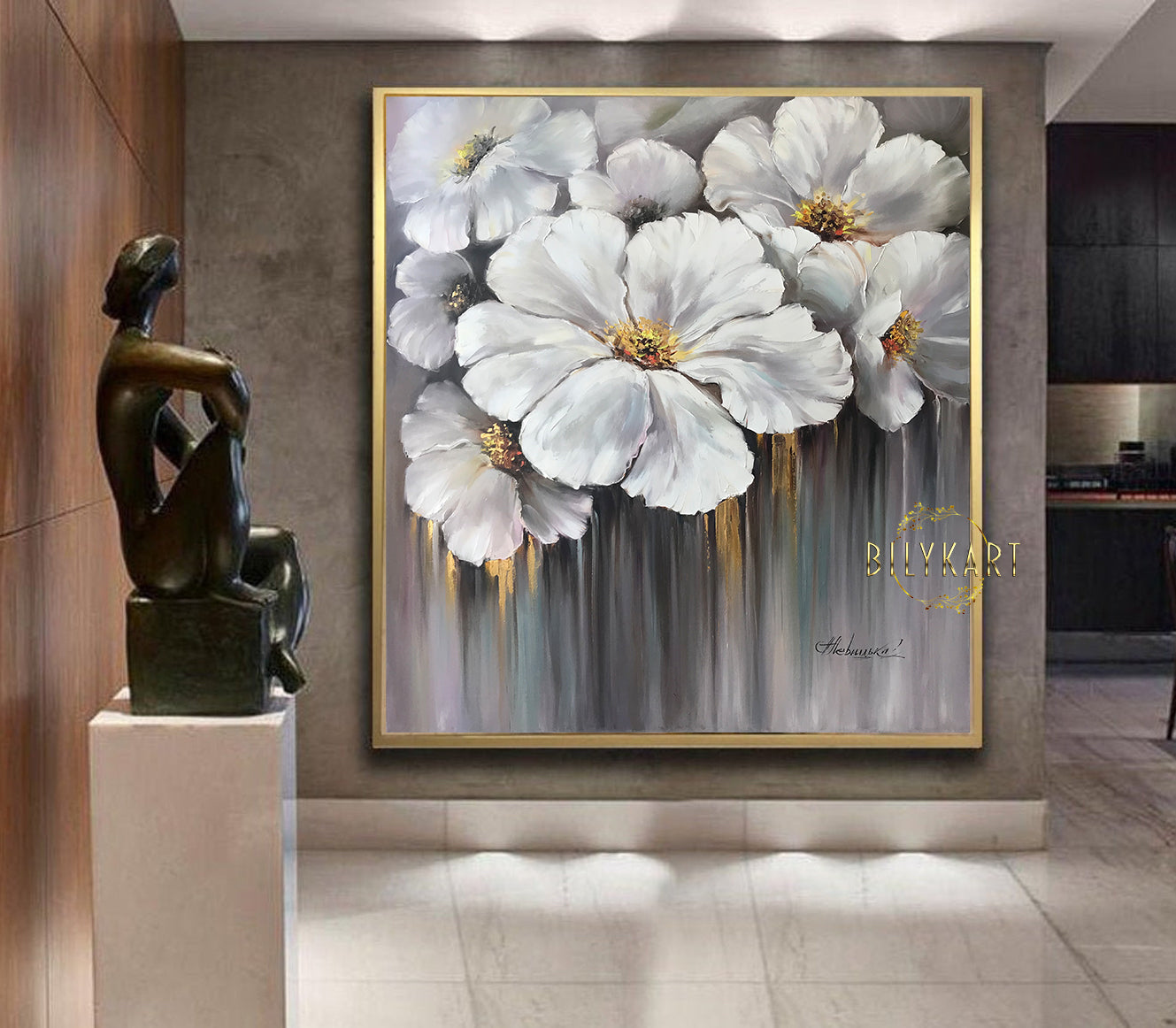 Extra Large White Flowers Painting on Canvas White and Gold Flower Wall Decor Flowers in Bloom Oil Painting