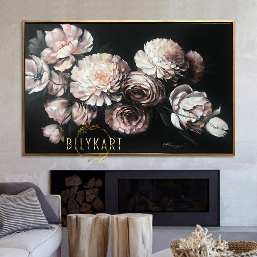 White Flowers On Black Background Painting on Canvas, Large White Peony Wall Art, Dark Floral Oil Painting
