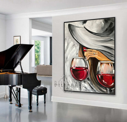 Woman with Red Wine Painting Original Wine Glasses Art Alcohol Painting Wine Bar Wall Decor