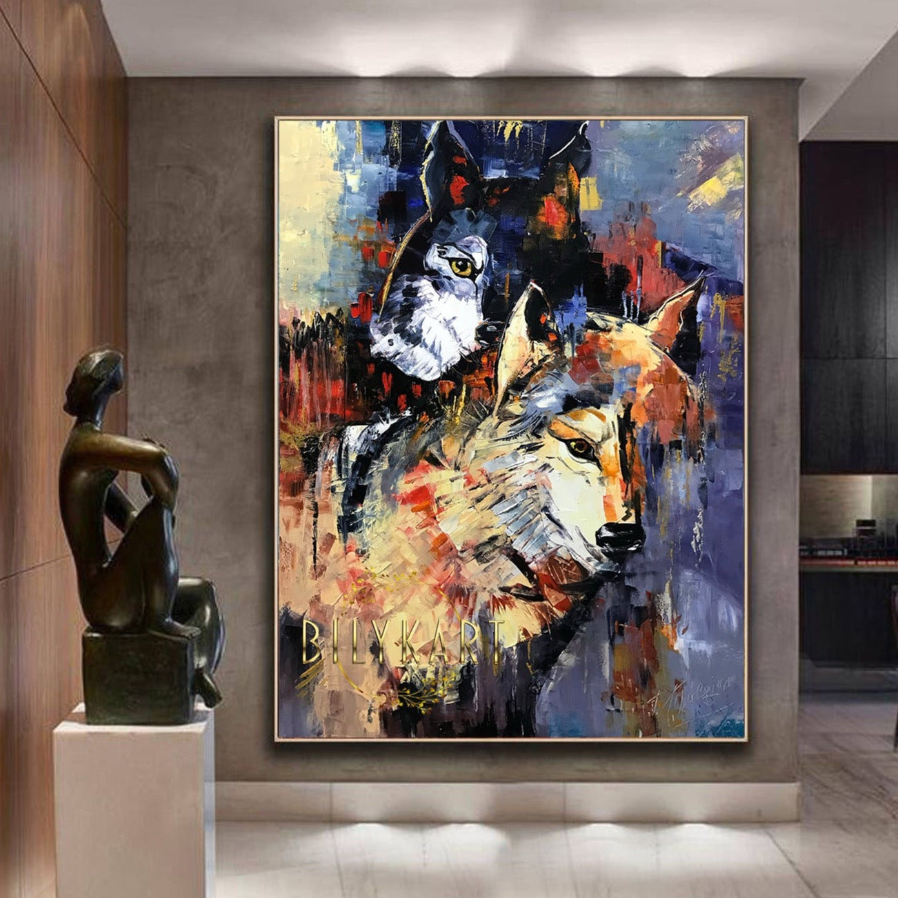 Large Wolves Painting on Canvas, Two Wolves Wall Art, Abstract Wolf Oil Painting, Wildlife Wall Decor