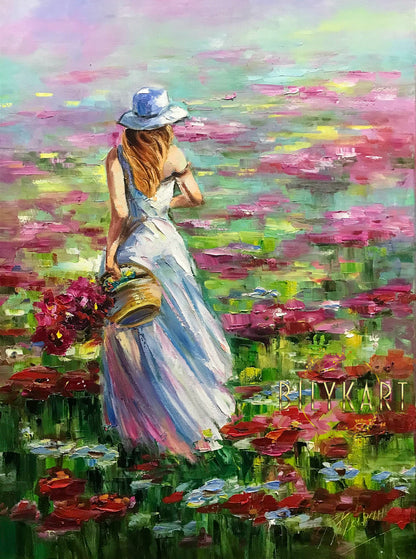 Beautiful Girl with Flower Basket Painting on Canvas Wild Flower Meadow Canvas Wall Art Flower Gift for Her Woman in Field Painting 30x40 Summer Wall Decor