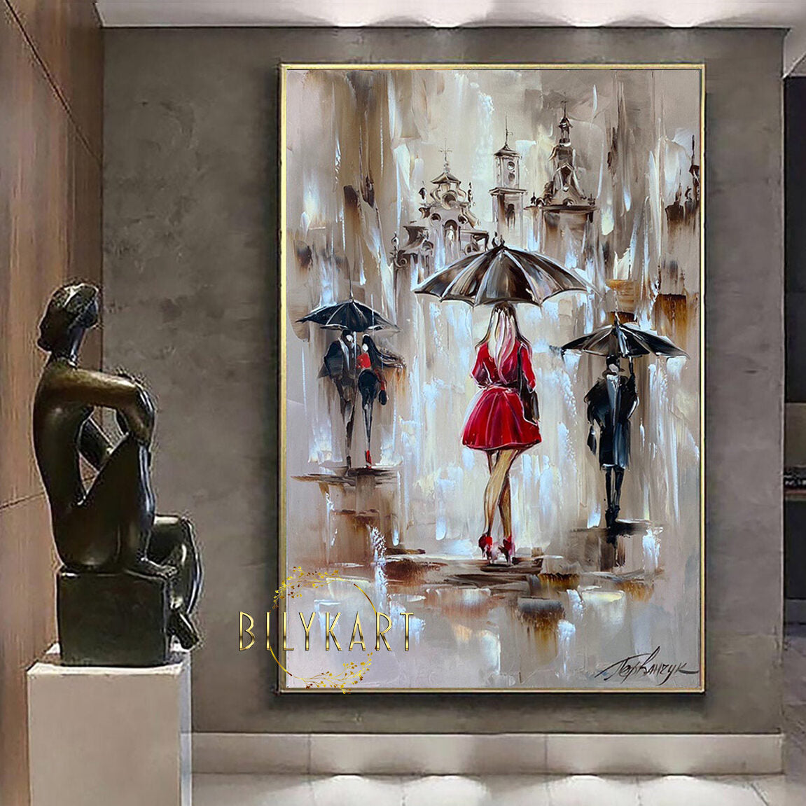 Large Woman Under Umbrella Oil Painting on Canvas, Abstract Rainy City Art, Extra Large Elegant Lady in Red Painting