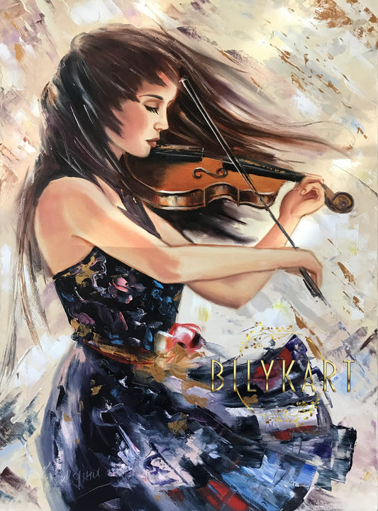 Large Oil Painting Woman Playing Violin Painting on Canvas Violin Wall Art Blue Gray Abstract Musician Painting Original Music Art Gift 