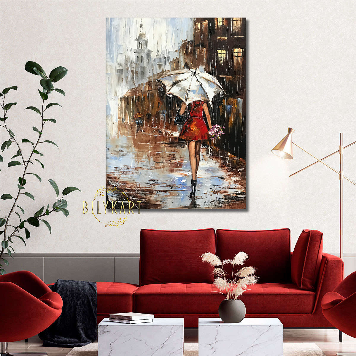 Large Abstract Rainy Umbrella Art Girl Under Umbrella Painting on Canvas Rainy City Art Fall Canvas Wall Decor Girl Walking in Rain Oil Painting 40x60