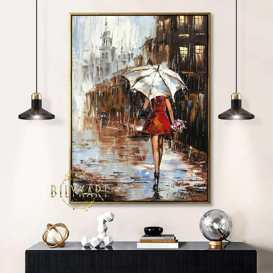 Large Abstract Rainy Umbrella Art Girl Under Umbrella Painting on Canvas Rainy City Art Fall Canvas Wall Decor Girl Walking in Rain Oil Painting 40x60