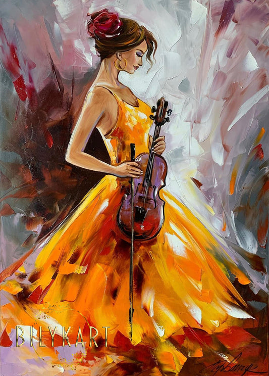 Large Painting Lady in Yellow Dress Painting On Canvas Violinist Wall Art Framed Oil Paintings Abstract Woman Painting Violin Art