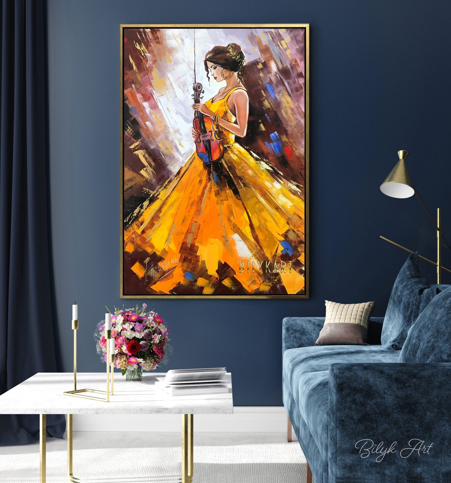 Woman in Yellow Dress Painting on Canvas Lady Holding Violin Wall Decor Violinist Girl Painting Modern Elegant Woman Oil Painting